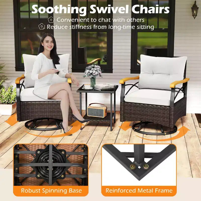 Costway 3 PCS Outdoor Swivel Chair Set with 2-Tier Tempered Glass Side Table Cushions Gray/White