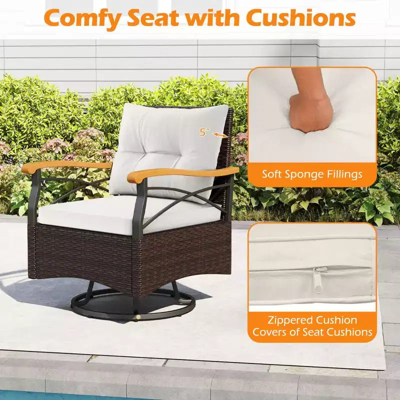 Costway 3 PCS Outdoor Swivel Chair Set with 2-Tier Tempered Glass Side Table Cushions Gray/White