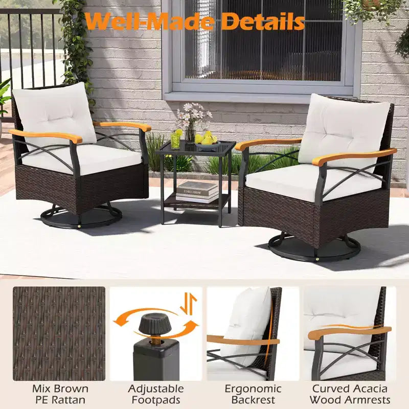 Costway 3 PCS Outdoor Swivel Chair Set with 2-Tier Tempered Glass Side Table Cushions Gray/White