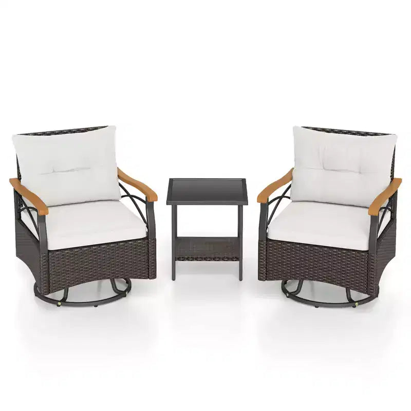 Costway 3 PCS Outdoor Swivel Chair Set with 2-Tier Tempered Glass Side Table Cushions Gray/White