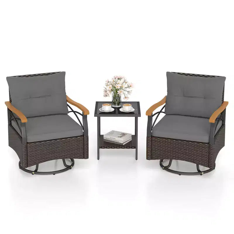 Costway 3 PCS Outdoor Swivel Chair Set with 2-Tier Tempered Glass Side Table Cushions Gray/White