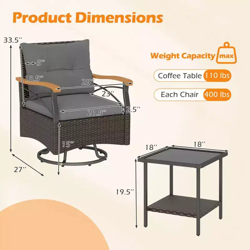 Costway 3 PCS Outdoor Swivel Chair Set with 2-Tier Tempered Glass Side Table Cushions Gray/White