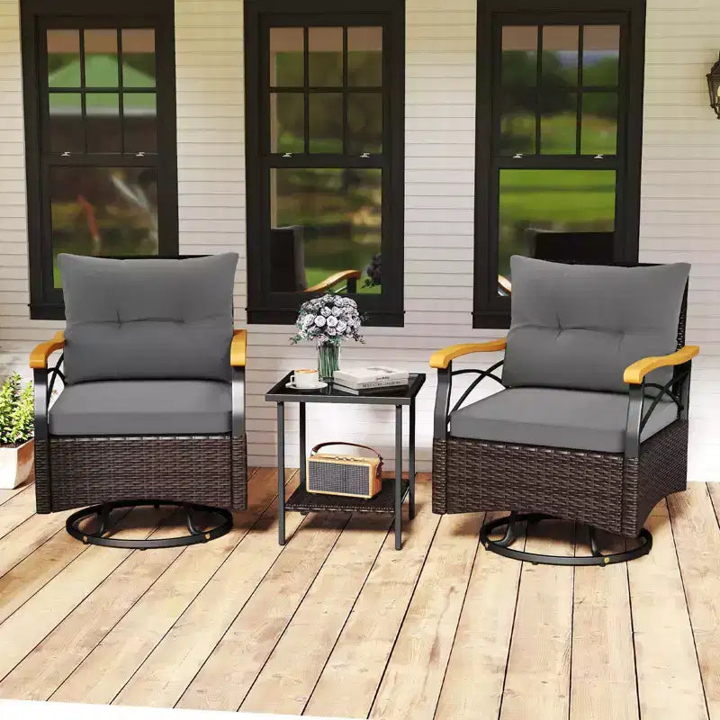 Costway 3 PCS Outdoor Swivel Chair Set with 2-Tier Tempered Glass Side Table Cushions Gray/White