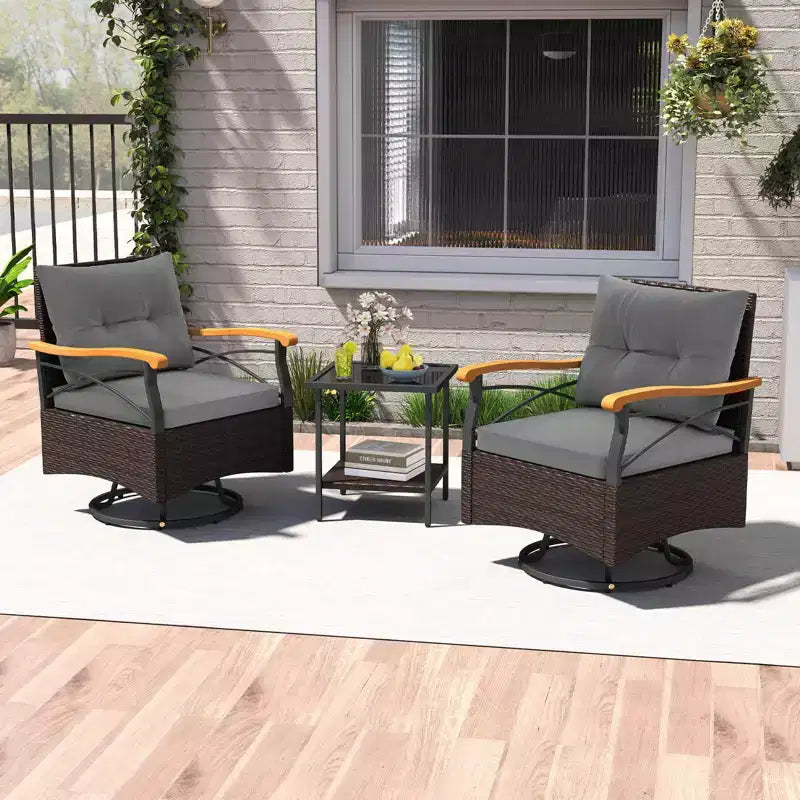 Costway 3 PCS Outdoor Swivel Chair Set with 2-Tier Tempered Glass Side Table Cushions Gray/White