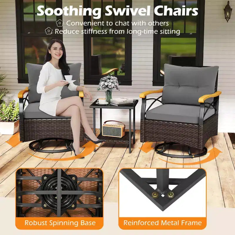 Costway 3 PCS Outdoor Swivel Chair Set with 2-Tier Tempered Glass Side Table Cushions Gray/White