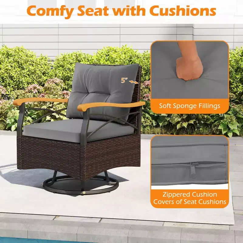 Costway 3 PCS Outdoor Swivel Chair Set with 2-Tier Tempered Glass Side Table Cushions Gray/White