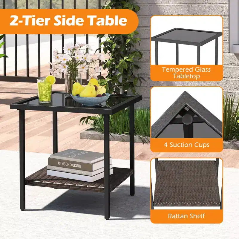 Costway 3 PCS Outdoor Swivel Chair Set with 2-Tier Tempered Glass Side Table Cushions Gray/White