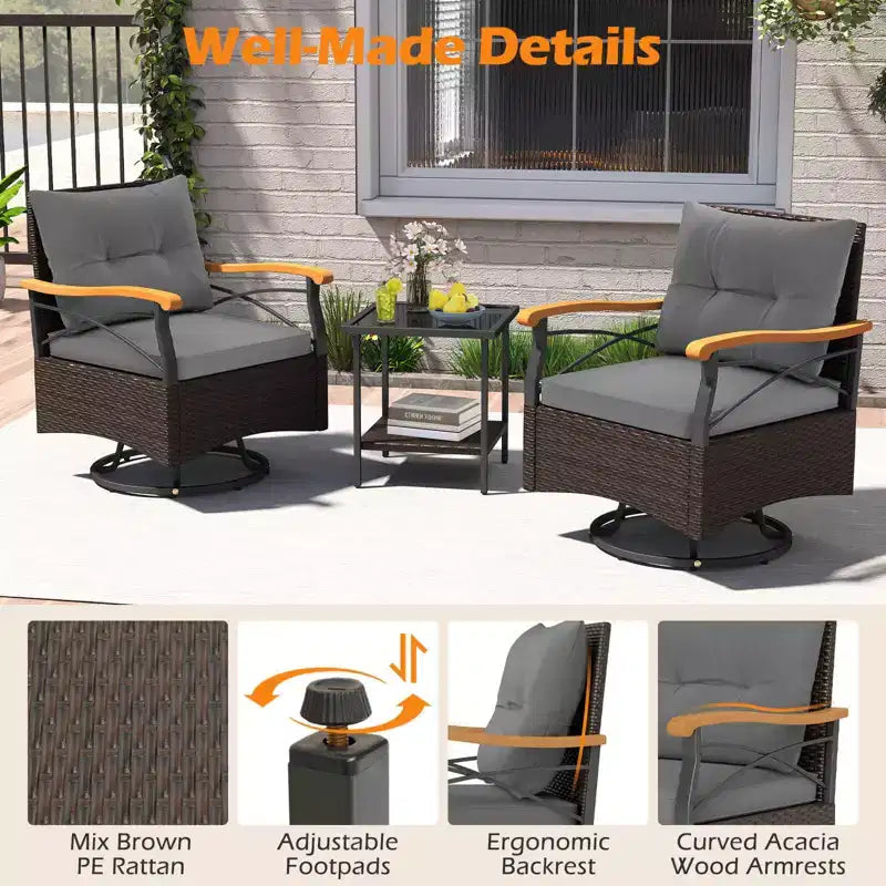 Costway 3 PCS Outdoor Swivel Chair Set with 2-Tier Tempered Glass Side Table Cushions Gray/White