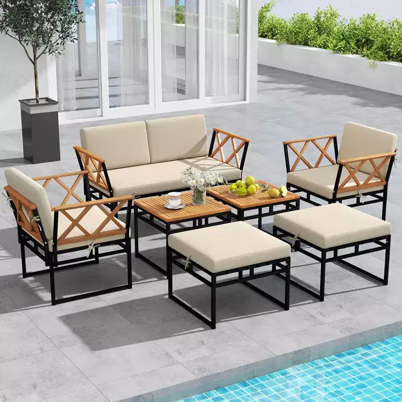 Costway 7 PCS Outdoor Conversation Set Acacia Wood Chairs & Coffee Tables Set with Ottomans