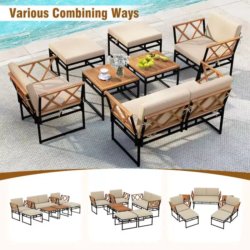 Costway 7 PCS Outdoor Conversation Set Acacia Wood Chairs & Coffee Tables Set with Ottomans