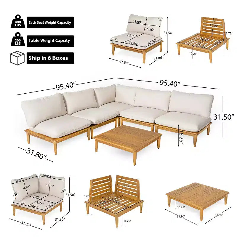 Christopher Knight Home Sacova Outdoor Acacia Wood V Shape Seating Set, Teak Finish Frame with Beige Cushion