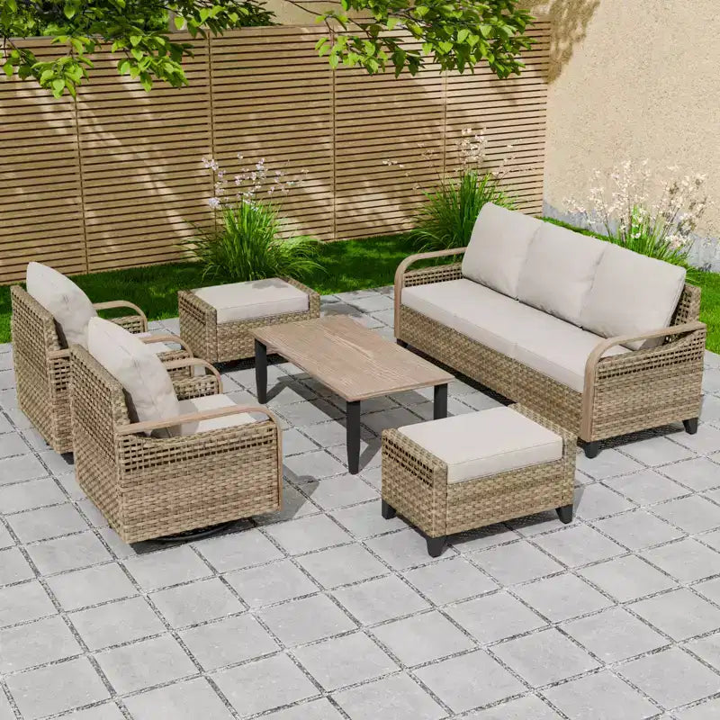EAGLE PEAK Wicker Outdoor Patio Conversation Set, 2 Swivel Rocking Chairs, 3-Seat Loveseat, 2 Ottomans and Coffee Table, 6 Pieces