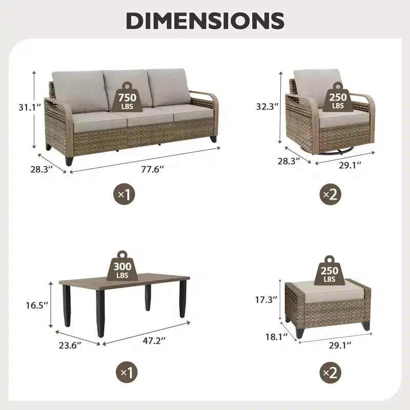 EAGLE PEAK Wicker Outdoor Patio Conversation Set, 2 Swivel Rocking Chairs, 3-Seat Loveseat, 2 Ottomans and Coffee Table, 6 Pieces