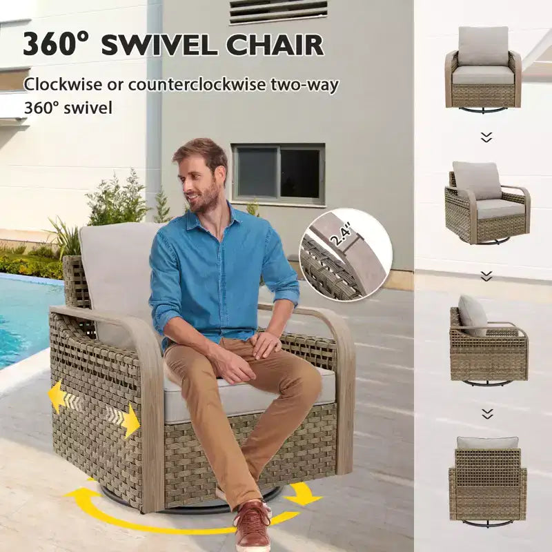 EAGLE PEAK Wicker Outdoor Patio Conversation Set, 2 Swivel Rocking Chairs, 3-Seat Loveseat, 2 Ottomans and Coffee Table, 6 Pieces
