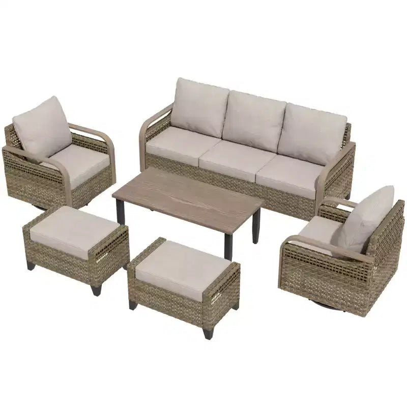 EAGLE PEAK Wicker Outdoor Patio Conversation Set, 2 Swivel Rocking Chairs, 3-Seat Loveseat, 2 Ottomans and Coffee Table, 6 Pieces