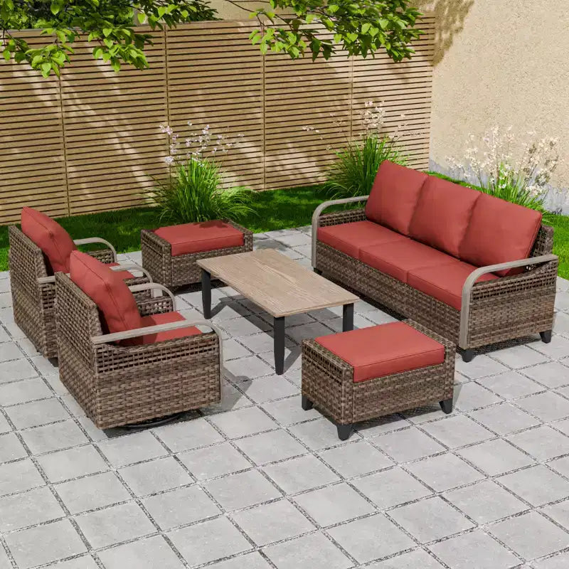 EAGLE PEAK Wicker Outdoor Patio Conversation Set, 2 Swivel Rocking Chairs, 3-Seat Loveseat, 2 Ottomans and Coffee Table, 6 Pieces