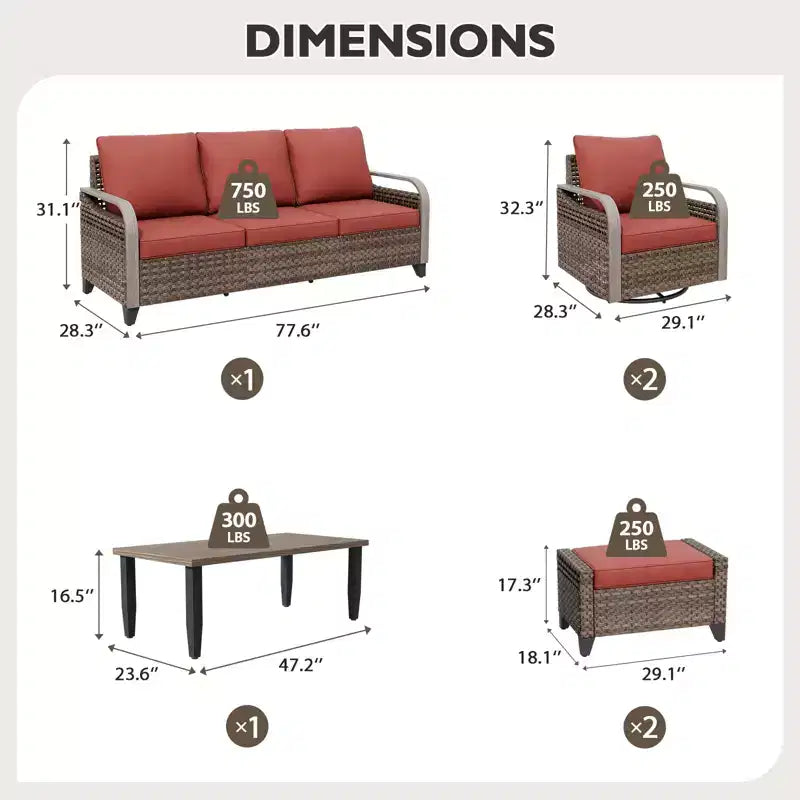 EAGLE PEAK Wicker Outdoor Patio Conversation Set, 2 Swivel Rocking Chairs, 3-Seat Loveseat, 2 Ottomans and Coffee Table, 6 Pieces
