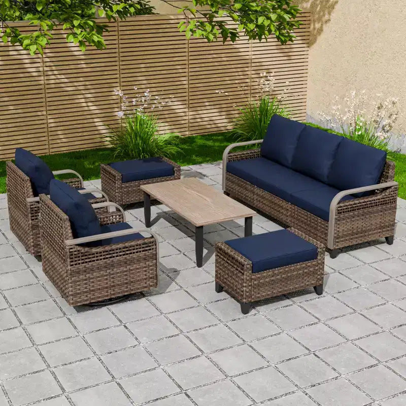 EAGLE PEAK Wicker Outdoor Patio Conversation Set, 2 Swivel Rocking Chairs, 3-Seat Loveseat, 2 Ottomans and Coffee Table, 6 Pieces