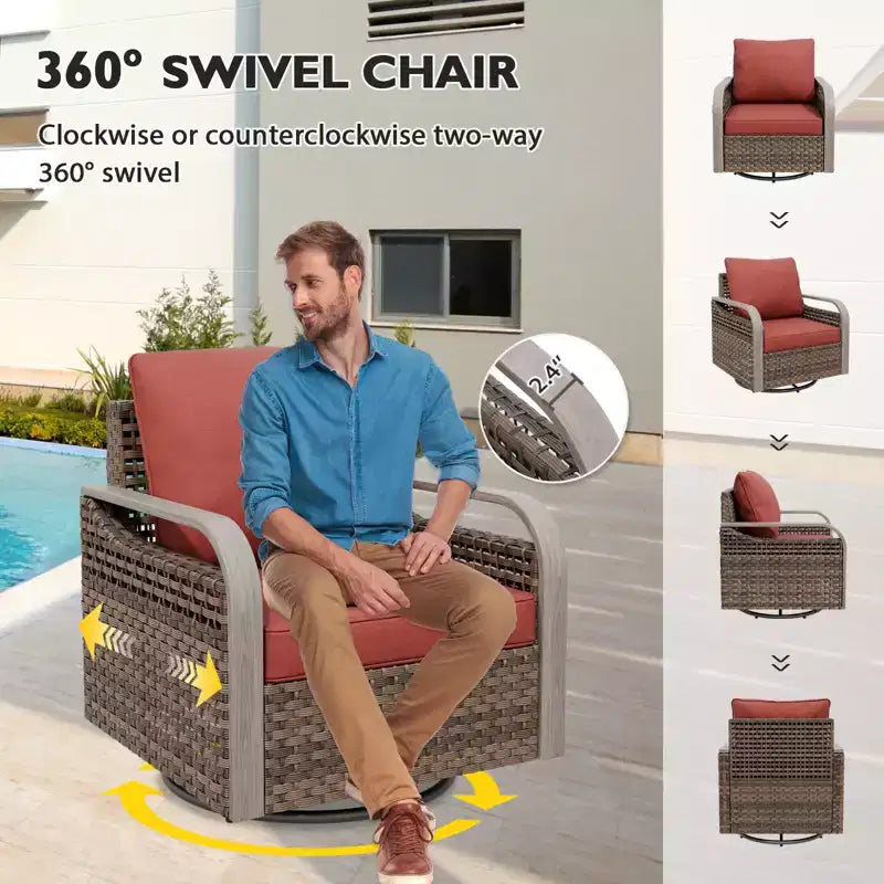 EAGLE PEAK Wicker Outdoor Patio Conversation Set, 2 Swivel Rocking Chairs, 3-Seat Loveseat, 2 Ottomans and Coffee Table, 6 Pieces