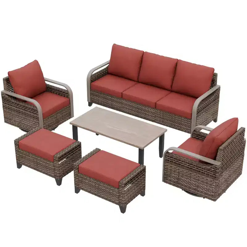 EAGLE PEAK Wicker Outdoor Patio Conversation Set, 2 Swivel Rocking Chairs, 3-Seat Loveseat, 2 Ottomans and Coffee Table, 6 Pieces
