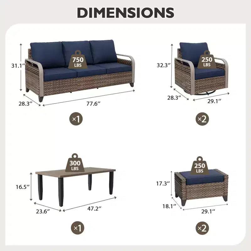 EAGLE PEAK Wicker Outdoor Patio Conversation Set, 2 Swivel Rocking Chairs, 3-Seat Loveseat, 2 Ottomans and Coffee Table, 6 Pieces