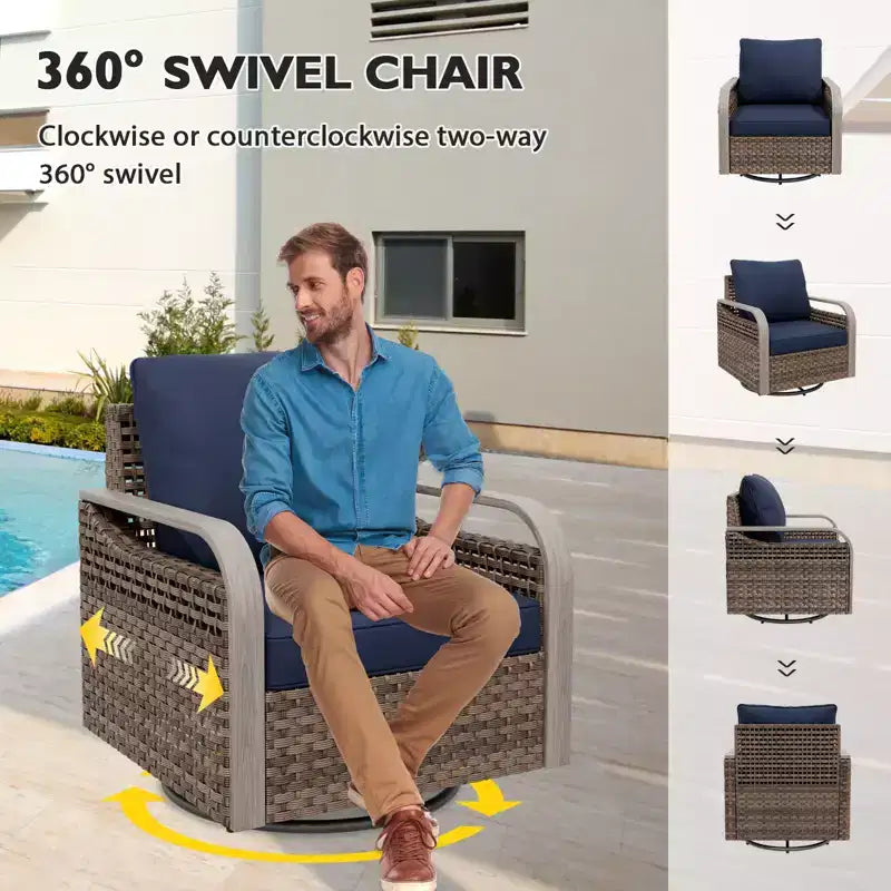 EAGLE PEAK Wicker Outdoor Patio Conversation Set, 2 Swivel Rocking Chairs, 3-Seat Loveseat, 2 Ottomans and Coffee Table, 6 Pieces