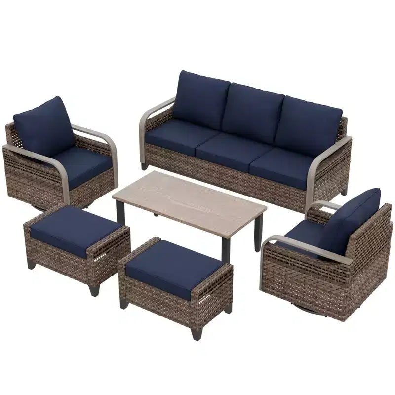 EAGLE PEAK Wicker Outdoor Patio Conversation Set, 2 Swivel Rocking Chairs, 3-Seat Loveseat, 2 Ottomans and Coffee Table, 6 Pieces