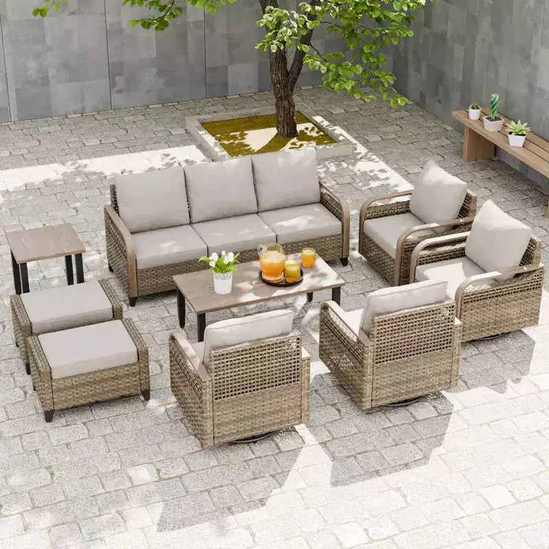 EAGLE PEAK Wicker Outdoor Patio Conversation Set, 4 Swivel Rocker Chairs, 3-Seat Loveseat, 2 Ottomans, Table, 9 Pieces