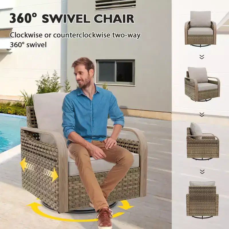 EAGLE PEAK Wicker Outdoor Patio Conversation Set, 4 Swivel Rocker Chairs, 3-Seat Loveseat, 2 Ottomans, Table, 9 Pieces