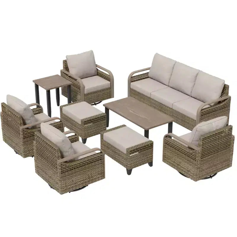 EAGLE PEAK Wicker Outdoor Patio Conversation Set, 4 Swivel Rocker Chairs, 3-Seat Loveseat, 2 Ottomans, Table, 9 Pieces
