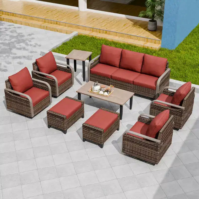 EAGLE PEAK Wicker Outdoor Patio Conversation Set, 4 Swivel Rocker Chairs, 3-Seat Loveseat, 2 Ottomans, Table, 9 Pieces