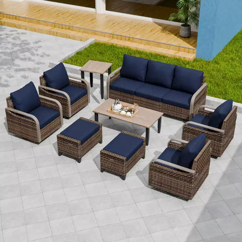 EAGLE PEAK Wicker Outdoor Patio Conversation Set, 4 Swivel Rocker Chairs, 3-Seat Loveseat, 2 Ottomans, Table, 9 Pieces