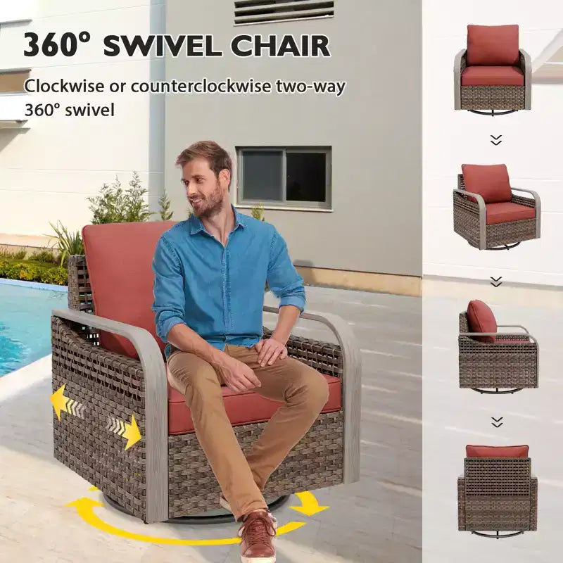 EAGLE PEAK Wicker Outdoor Patio Conversation Set, 4 Swivel Rocker Chairs, 3-Seat Loveseat, 2 Ottomans, Table, 9 Pieces