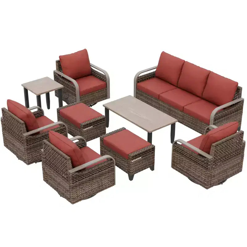EAGLE PEAK Wicker Outdoor Patio Conversation Set, 4 Swivel Rocker Chairs, 3-Seat Loveseat, 2 Ottomans, Table, 9 Pieces