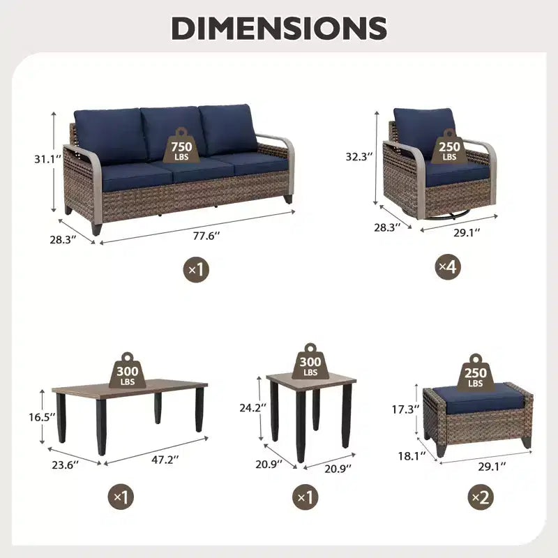 EAGLE PEAK Wicker Outdoor Patio Conversation Set, 4 Swivel Rocker Chairs, 3-Seat Loveseat, 2 Ottomans, Table, 9 Pieces
