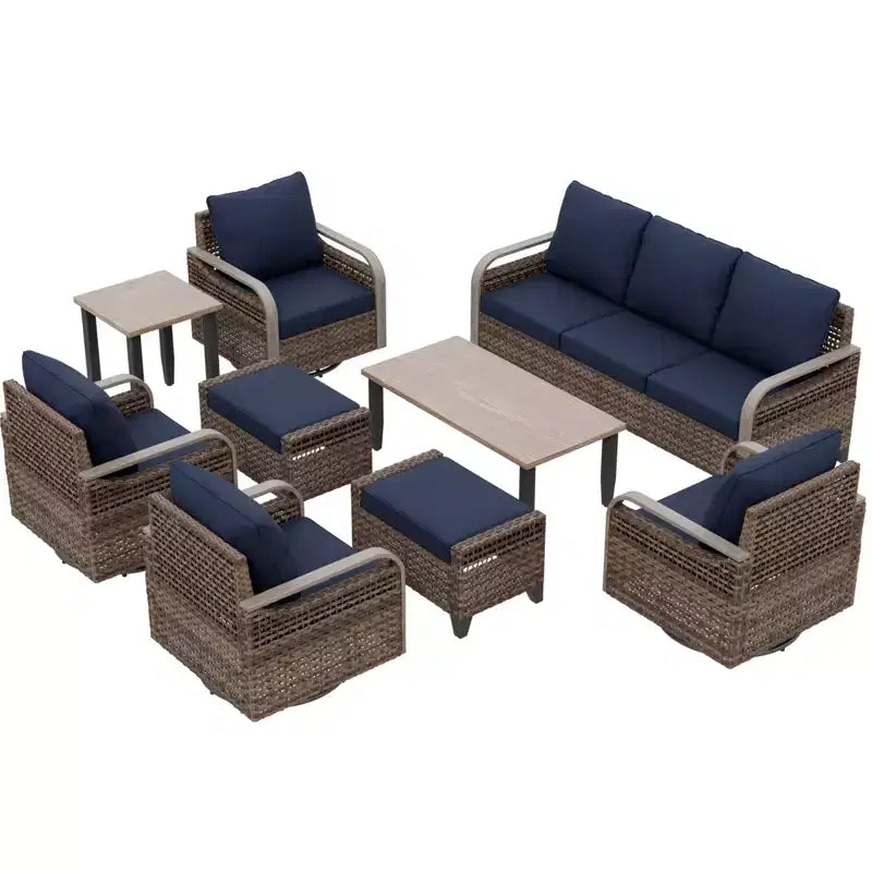 EAGLE PEAK Wicker Outdoor Patio Conversation Set, 4 Swivel Rocker Chairs, 3-Seat Loveseat, 2 Ottomans, Table, 9 Pieces