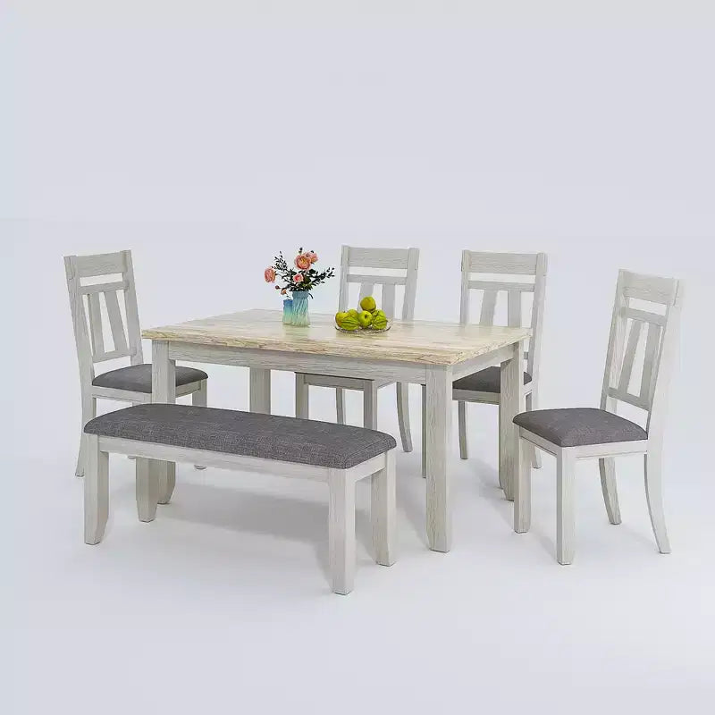 VECELO 6-Piece Wooden Dining Table Set, Dining Table with 4 Armless Upholstered Dining Chairs & Bench for Kitchen, Rubber Wood Legs, Gray