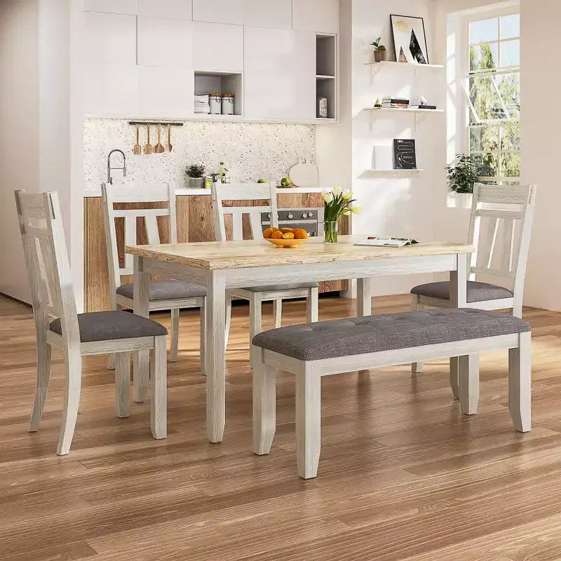 VECELO 6-Piece Wooden Dining Table Set, Dining Table with 4 Armless Upholstered Dining Chairs & Bench for Kitchen, Rubber Wood Legs, Gray