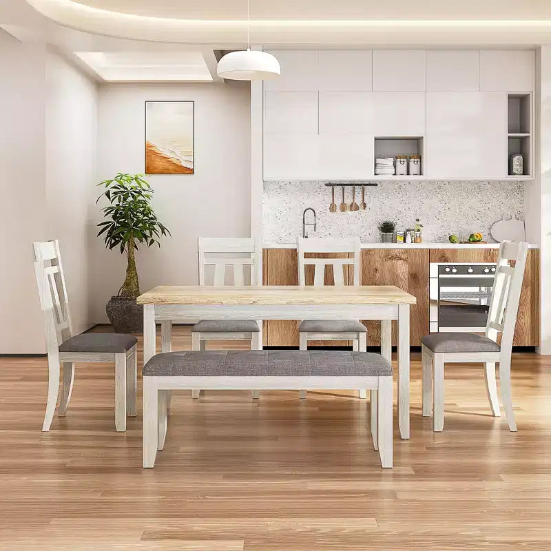 VECELO 6-Piece Wooden Dining Table Set, Dining Table with 4 Armless Upholstered Dining Chairs & Bench for Kitchen, Rubber Wood Legs, Gray