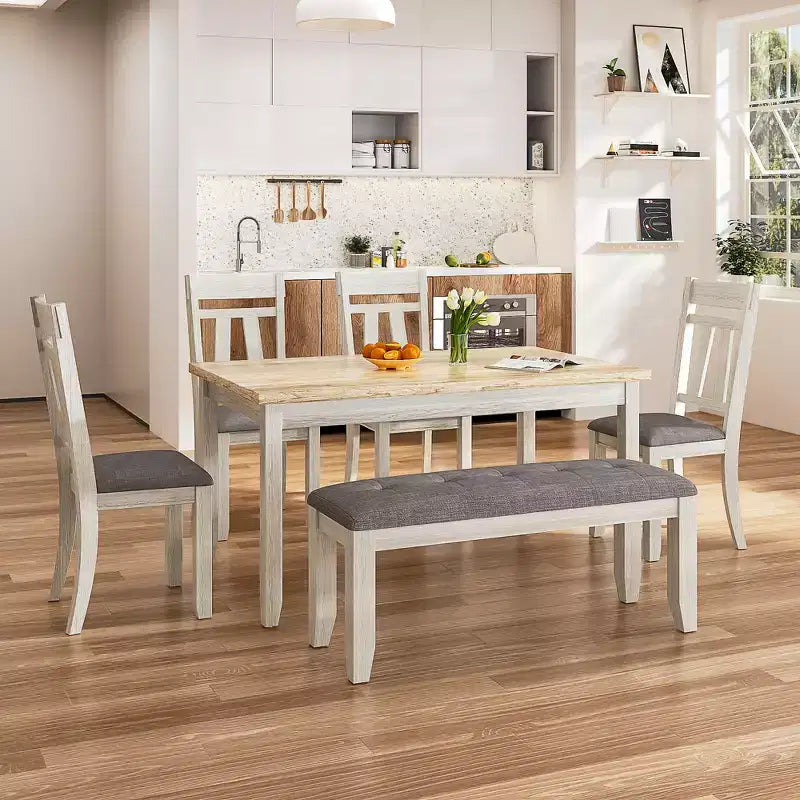 VECELO 6-Piece Wooden Dining Table Set, Dining Table with 4 Armless Upholstered Dining Chairs & Bench for Kitchen, Rubber Wood Legs, Gray