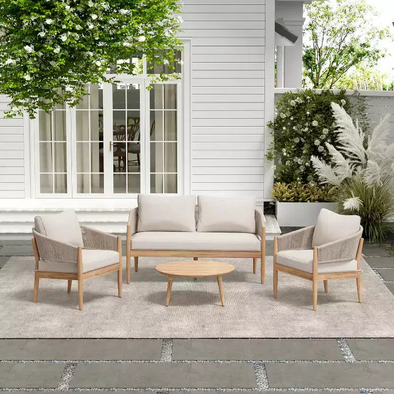 Christopher Knight Home Zill Modern 4 Piece Patio Acacia Wood Woven Rope Seating Set with Slatted Coffee Table