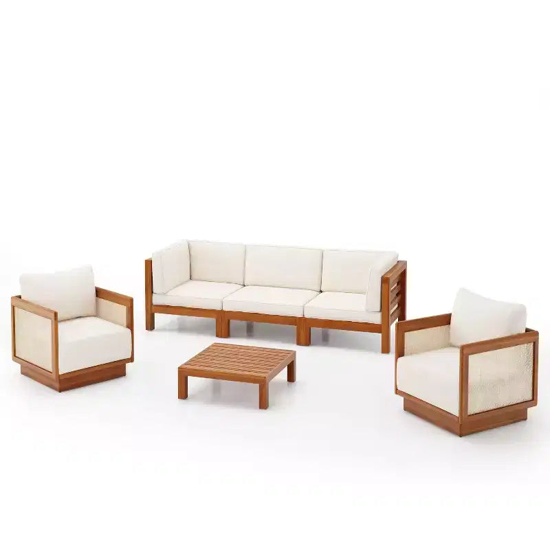 Christopher Knight Home Isora Patio 6 Piece Acacia Wood Seating Set with Slatted Coffee Table and Cushions