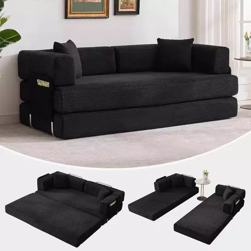 78.8'' Convertible Sleeper Floor Sofa Bed w/Pillows, 5-in-1 Corduroy Floor Couch, Folding Mattress Couch Loveseat with Fixed-Shape Frame, No Assembly