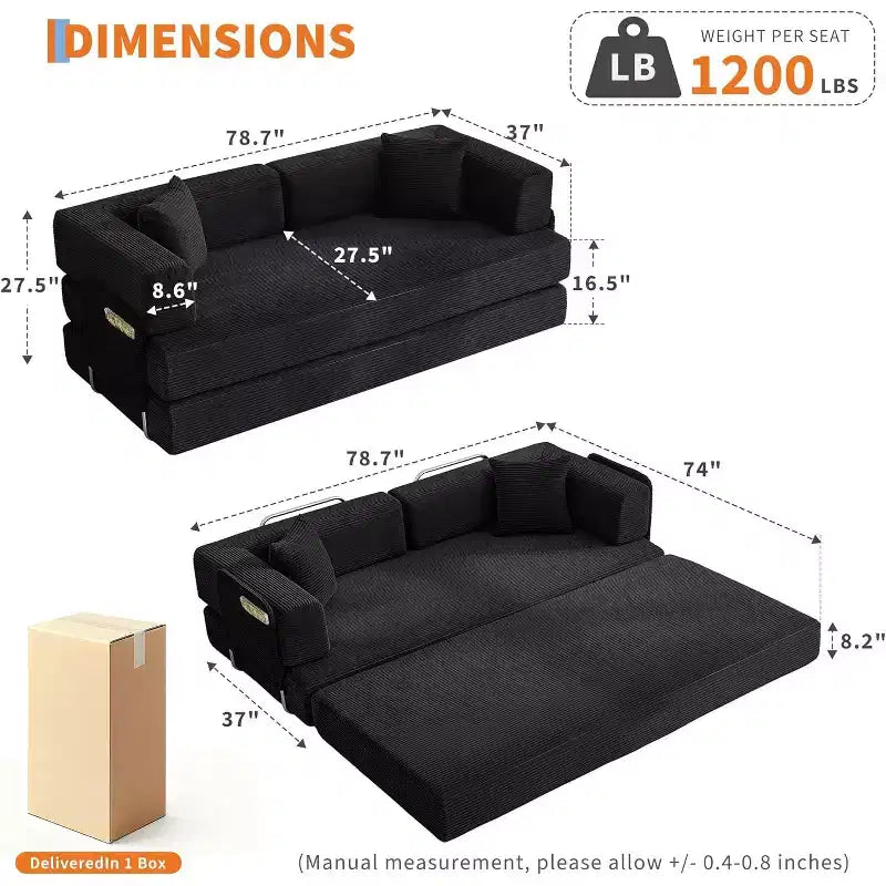 78.8'' Convertible Sleeper Floor Sofa Bed w/Pillows, 5-in-1 Corduroy Floor Couch, Folding Mattress Couch Loveseat with Fixed-Shape Frame, No Assembly