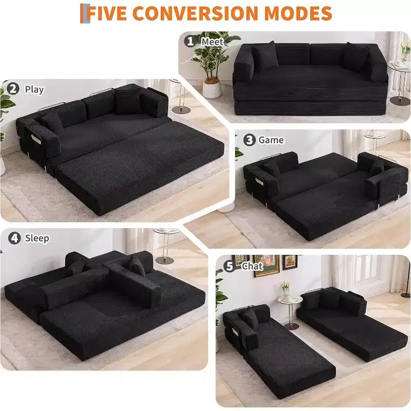78.8'' Convertible Sleeper Floor Sofa Bed w/Pillows, 5-in-1 Corduroy Floor Couch, Folding Mattress Couch Loveseat with Fixed-Shape Frame, No Assembly