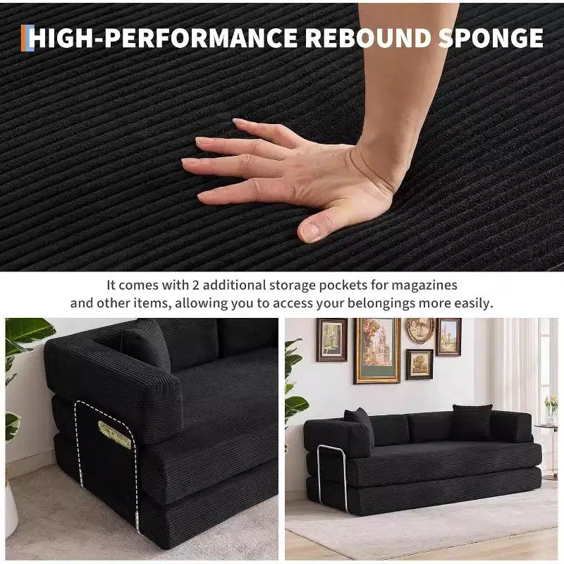 78.8'' Convertible Sleeper Floor Sofa Bed w/Pillows, 5-in-1 Corduroy Floor Couch, Folding Mattress Couch Loveseat with Fixed-Shape Frame, No Assembly