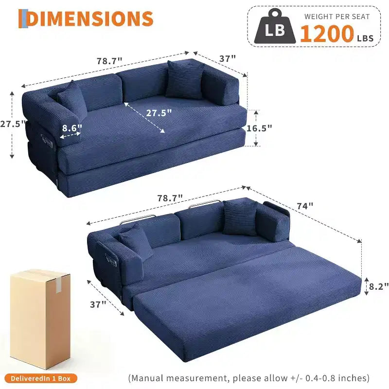 78.8'' Convertible Sleeper Floor Sofa Bed w/Pillows, 5-in-1 Corduroy Floor Couch, Folding Mattress Couch Loveseat with Fixed-Shape Frame, No Assembly