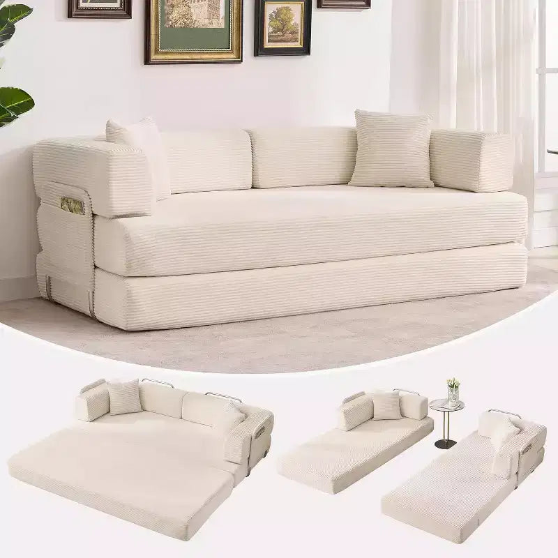 78.8'' Convertible Sleeper Floor Sofa Bed w/Pillows, 5-in-1 Corduroy Floor Couch, Folding Mattress Couch Loveseat with Fixed-Shape Frame, No Assembly