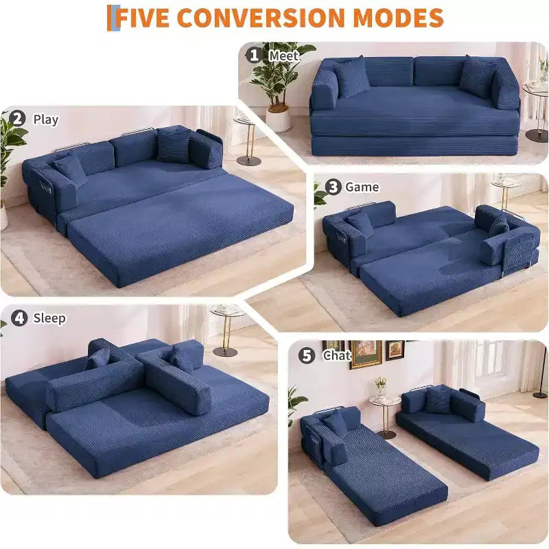 78.8'' Convertible Sleeper Floor Sofa Bed w/Pillows, 5-in-1 Corduroy Floor Couch, Folding Mattress Couch Loveseat with Fixed-Shape Frame, No Assembly