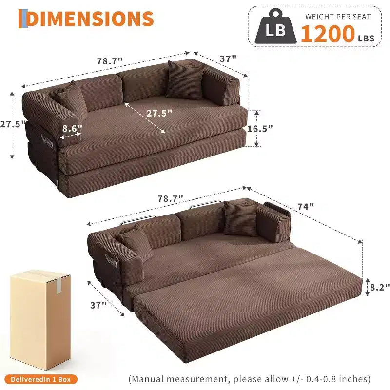 78.8'' Convertible Sleeper Floor Sofa Bed w/Pillows, 5-in-1 Corduroy Floor Couch, Folding Mattress Couch Loveseat with Fixed-Shape Frame, No Assembly